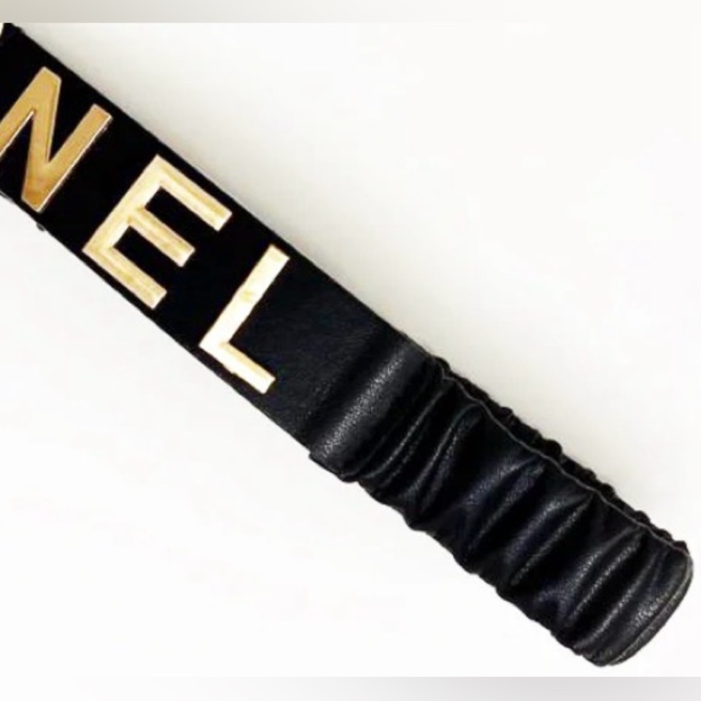 Gold CHA NEL Crystal interlocking CC Black Leather Scrunch Waist Belt & Box XS S - Picture 3 of 14